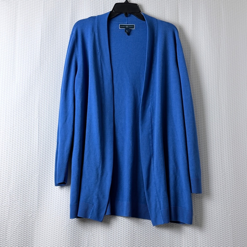 Karen Scott Cardigan Women XXL Blue Open Front Long Sleeve Solid Knit Classic